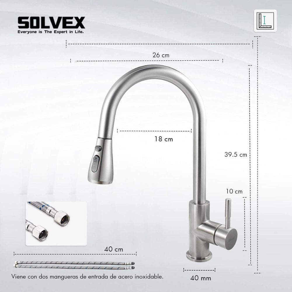 Solvex Smart Grifería Satinada Monomando Para Fregadero Cuello Cisne Nariz Retráctil 2 Funciones Con Manguera Extensible De 1,5m