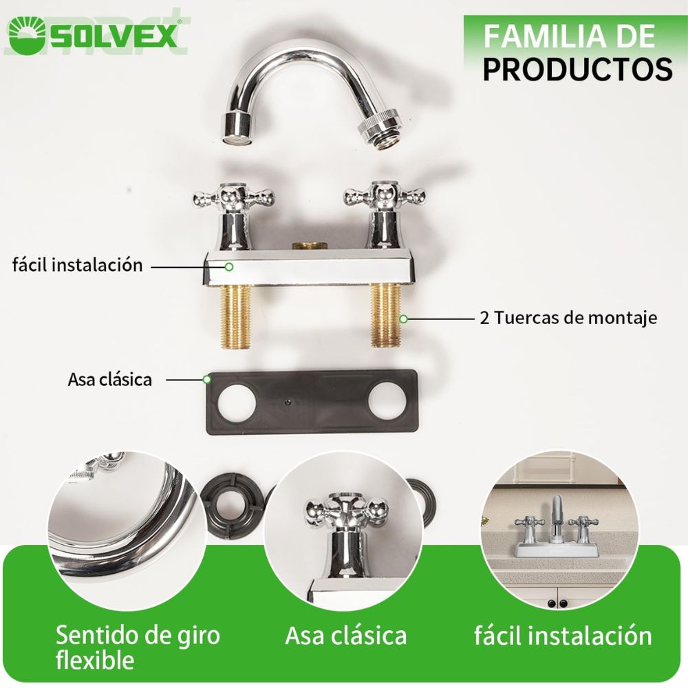 Solvex Smart Grifo Cromado Para Lavamanos De Zinc De 4" Manijas Cruz De Plástico De Giro Completo