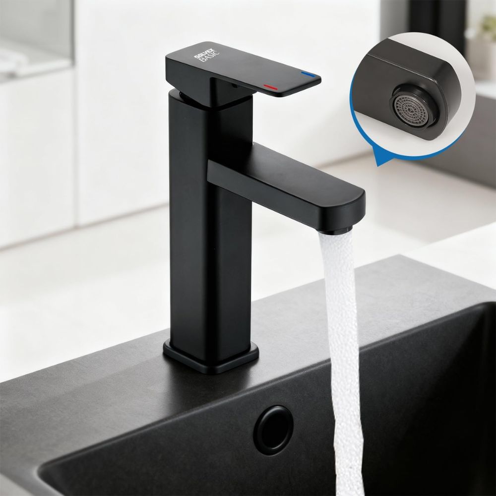Solvex Basic Grifería Negra Cuadrada Monomando De Acero Inoxidable Para Lavamanos Mango De Zinc 29cm