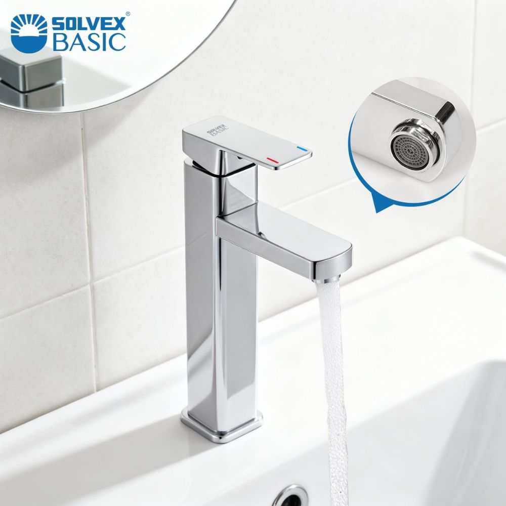Solvex Basic Grifería Cromada Cuadrada Monomando De Acero Inoxidable Para Lavamanos Mango De Zinc 29cm