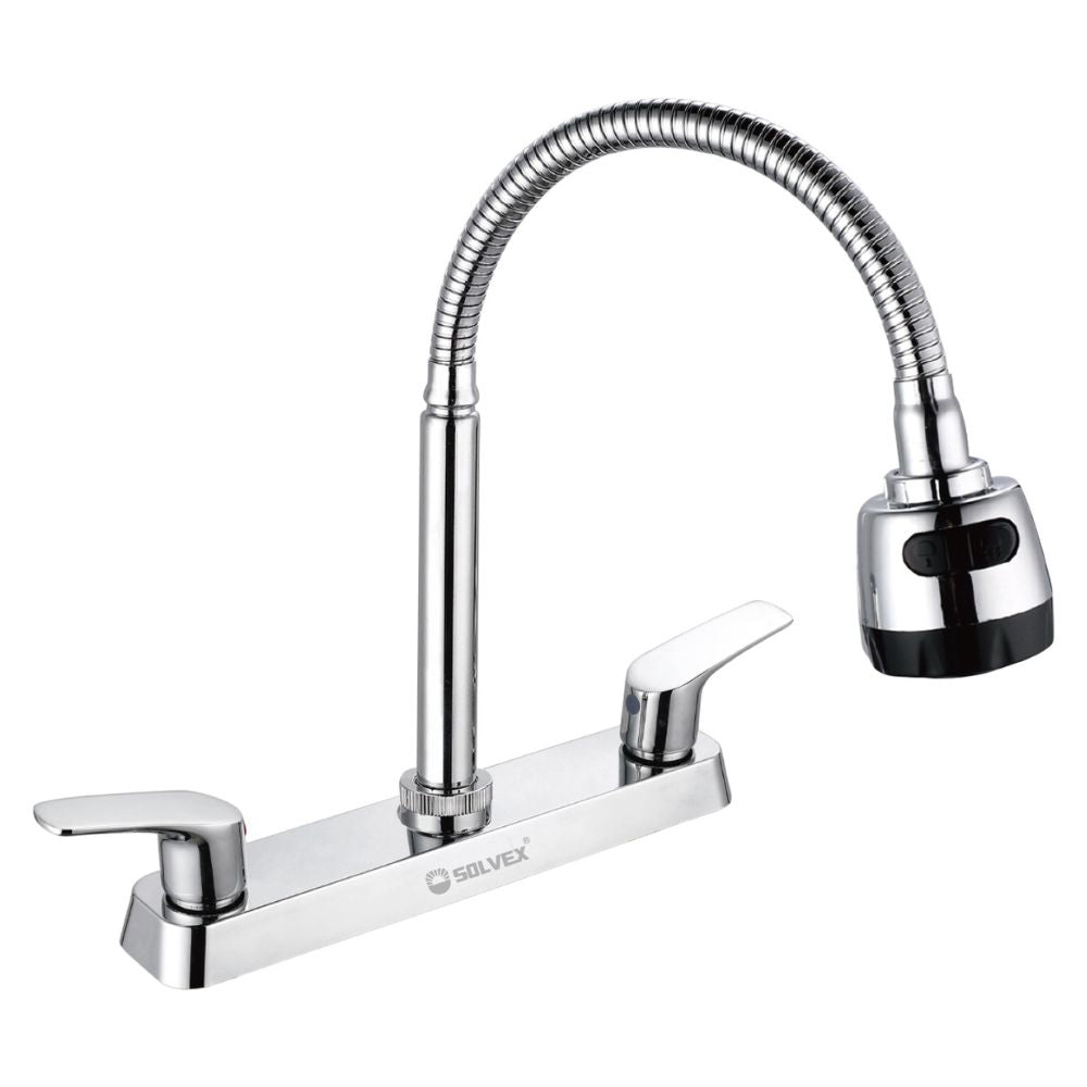 Solvex Grifo Cromado Para Fregadero De Latón De 8" Cuello Flexible 2 Funciones Manijas Estilo Palanca 1/4 De Vuelta De Zinc
