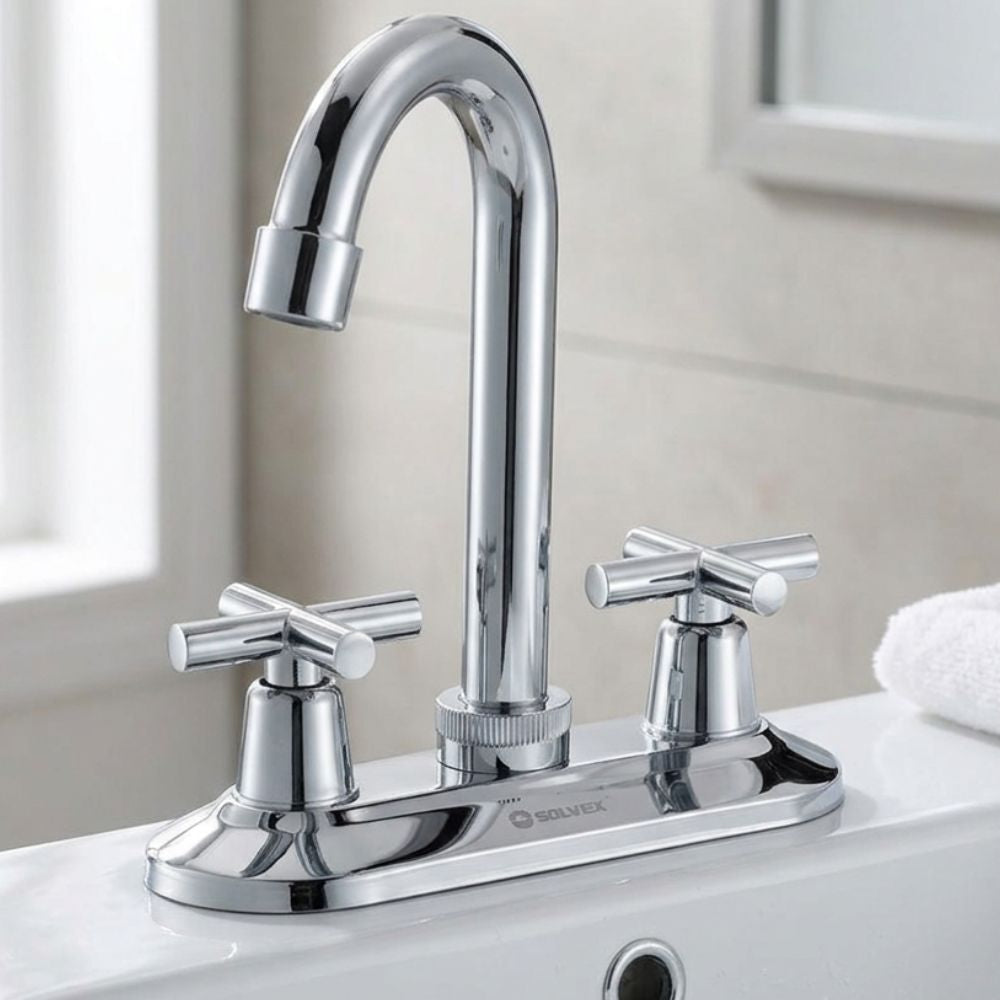 Solvex Smart Grifo Cromado Para Lavamanos Cuello Cisne De 4" Manillas Zinc De Giro Completo