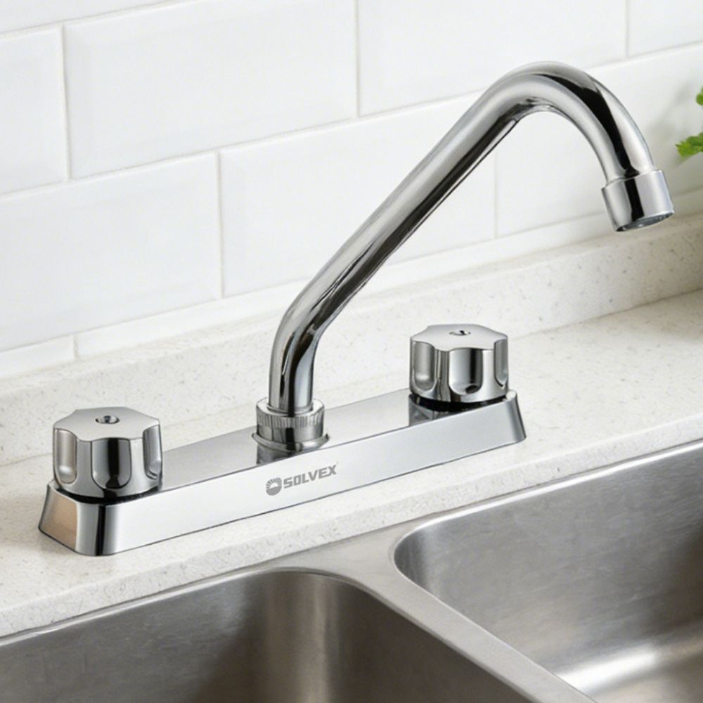 Solvex Smart Grifo Cromado Para Fregadero De Zinc Cuello Cuadrado De 8" Manijas Ergonómicas Giro Completo De Plástico