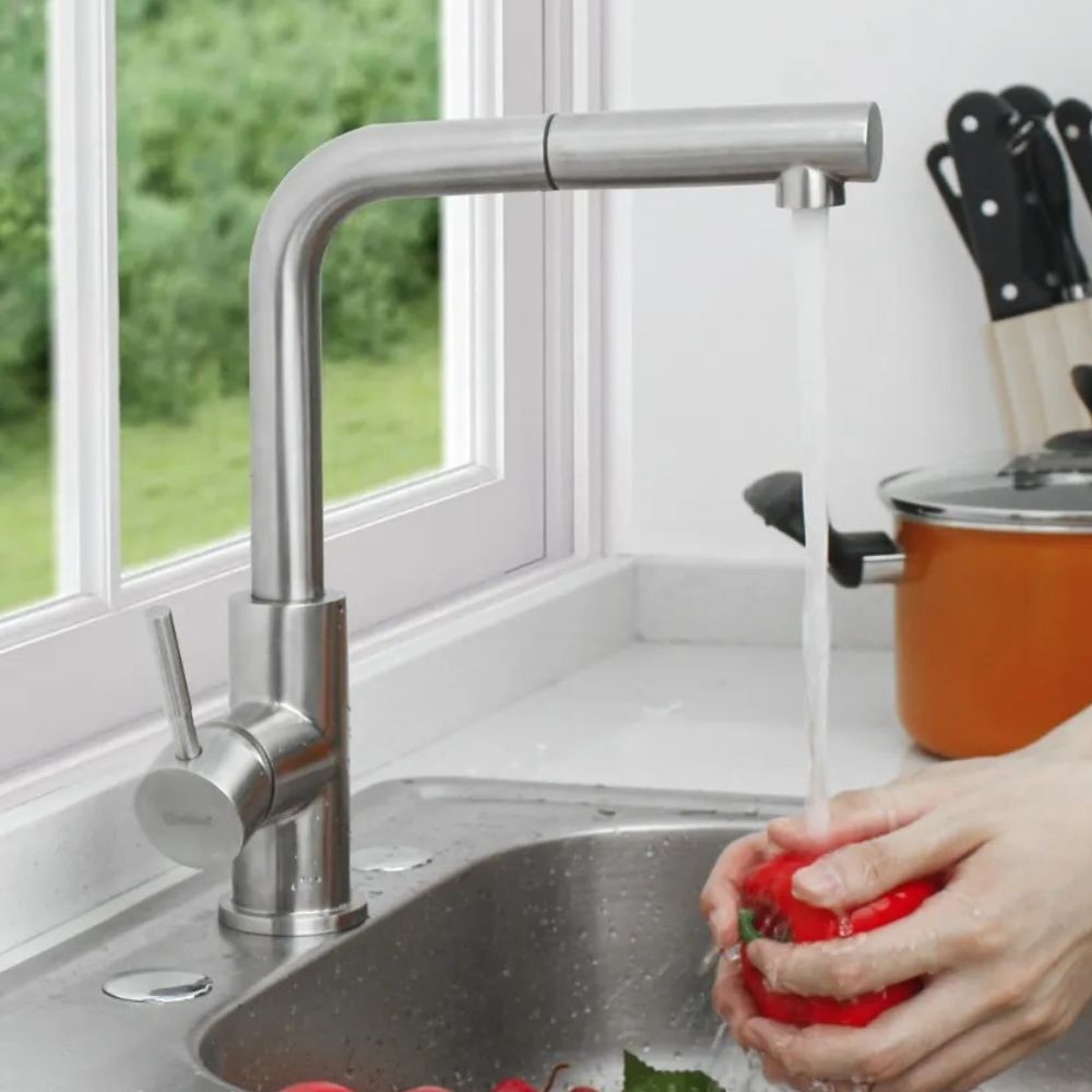 Solvex Smart Grifería Satinada Monomando Para Fregadero Cuello Recto Nariz Retráctil Con Manguera Extensible de 1,5m