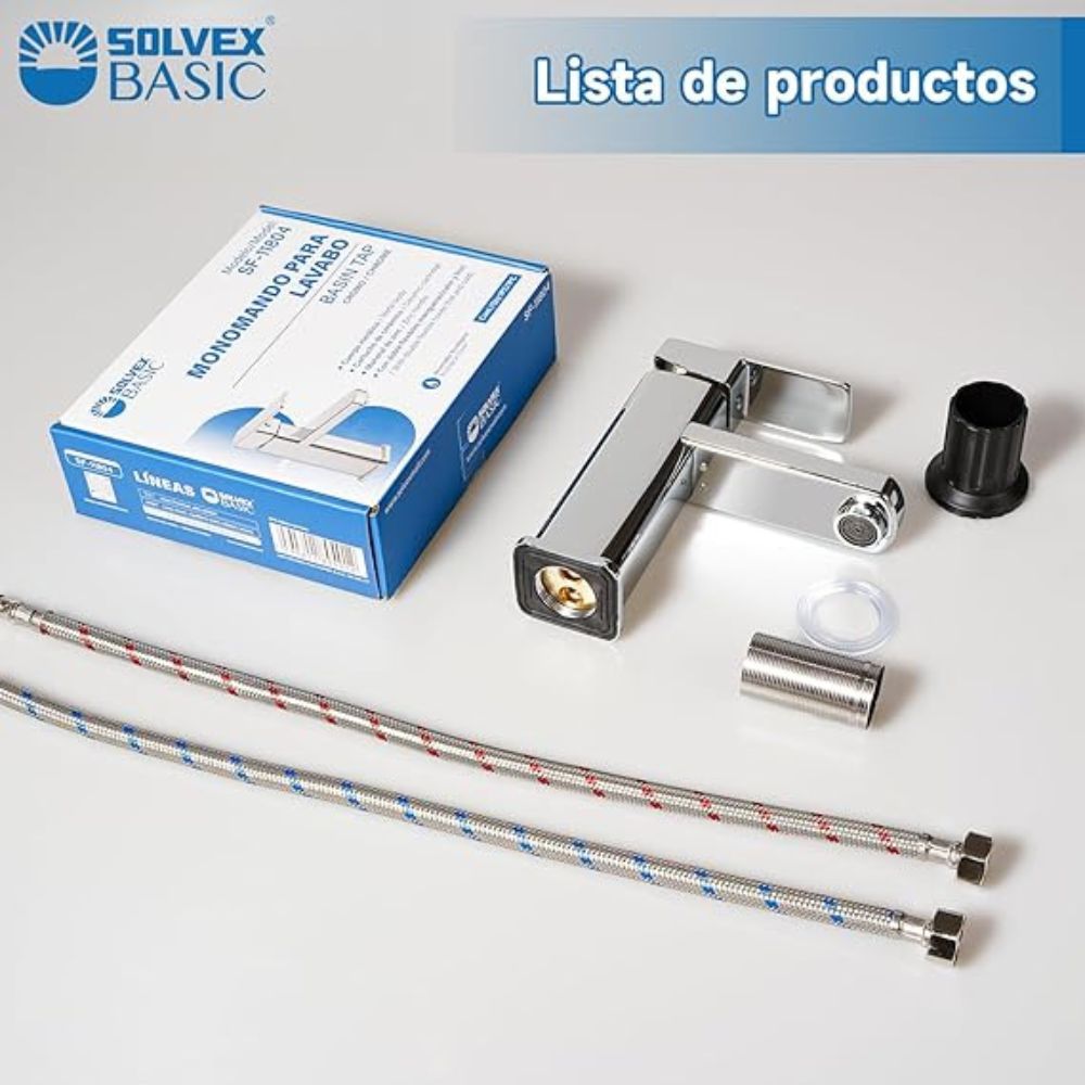 Solvex Basic Grifería Satinada Cuadrada Monomando De Acero Inoxidable Para Lavamanos Mango De Zinc 17cm