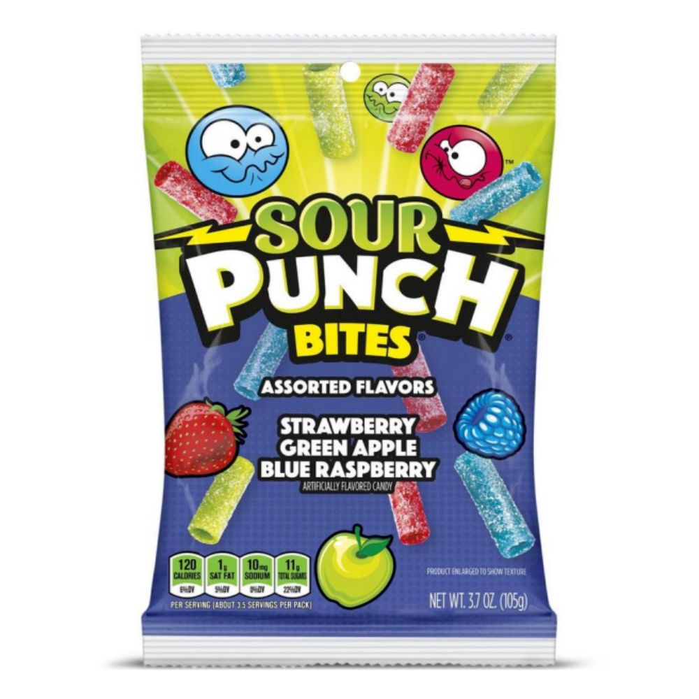 Sour Punch Bites Strawberry Green Apple Blue Raspberry 105 grs