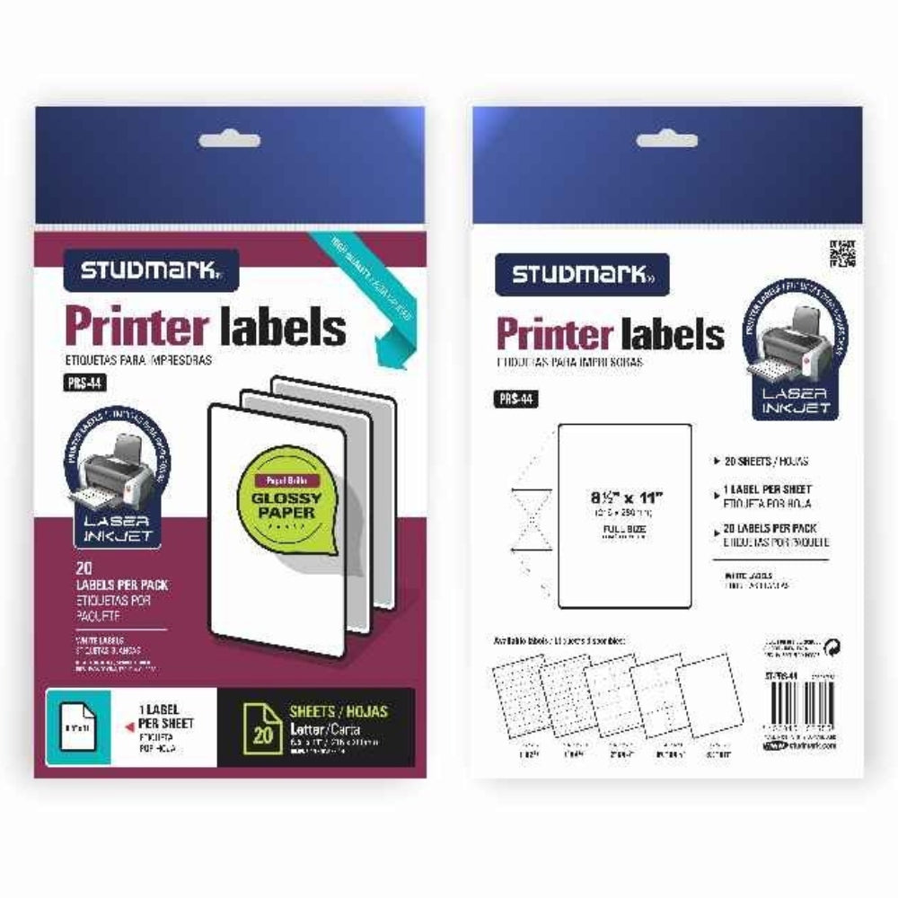 Studmark Etiquetas Para Impresoras 20 Hojas Tamaño Carta Brillo 216x280mm