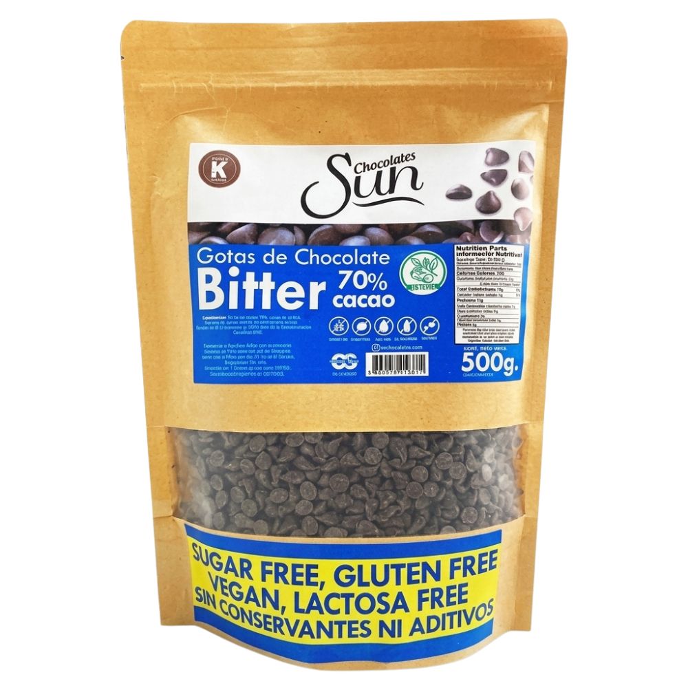 Chocolate Sun Oscuro Bitter En Gotas Endulzado Con Xilitol 70% Cacao 500gr