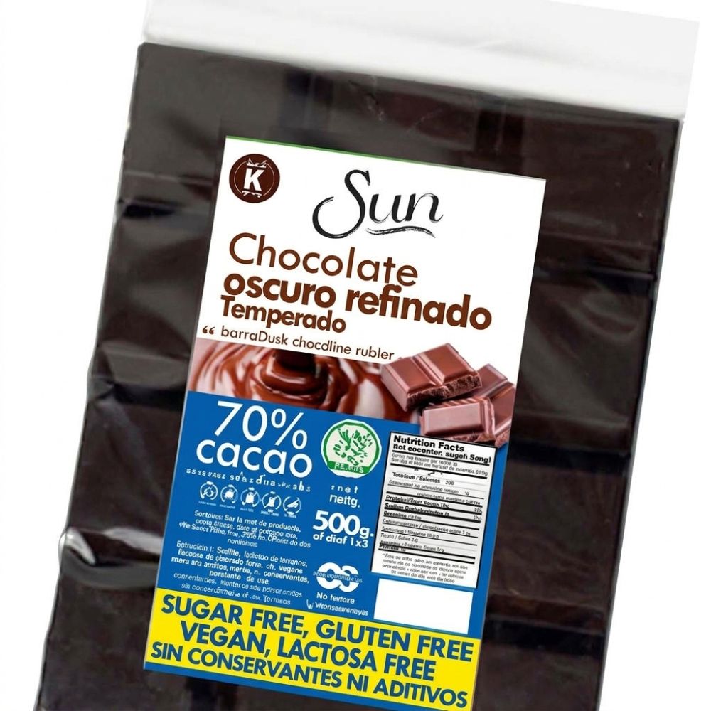 Chocolate Sun Oscuro Refinado y Temperado Endulzado Con Xilitol 70% 500gr