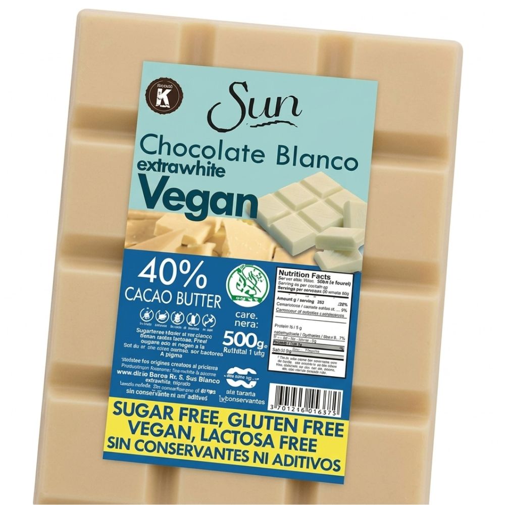 Chocolate Sun Blanco Vegan Endulzado Con Xilitol 40% Manteca de Cacao 500gr