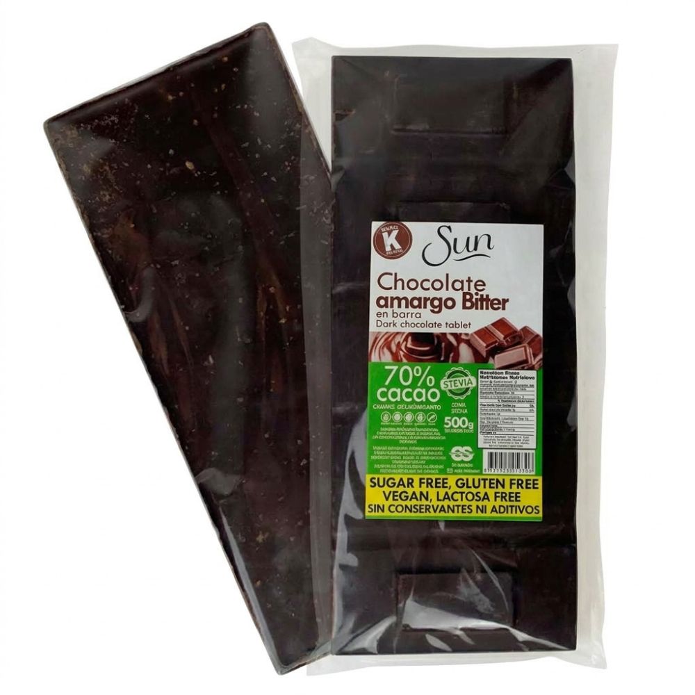 Chocolate Sun Oscuro Bitter En Barra Endulzado Con Stevia 70% Cacao 500gr