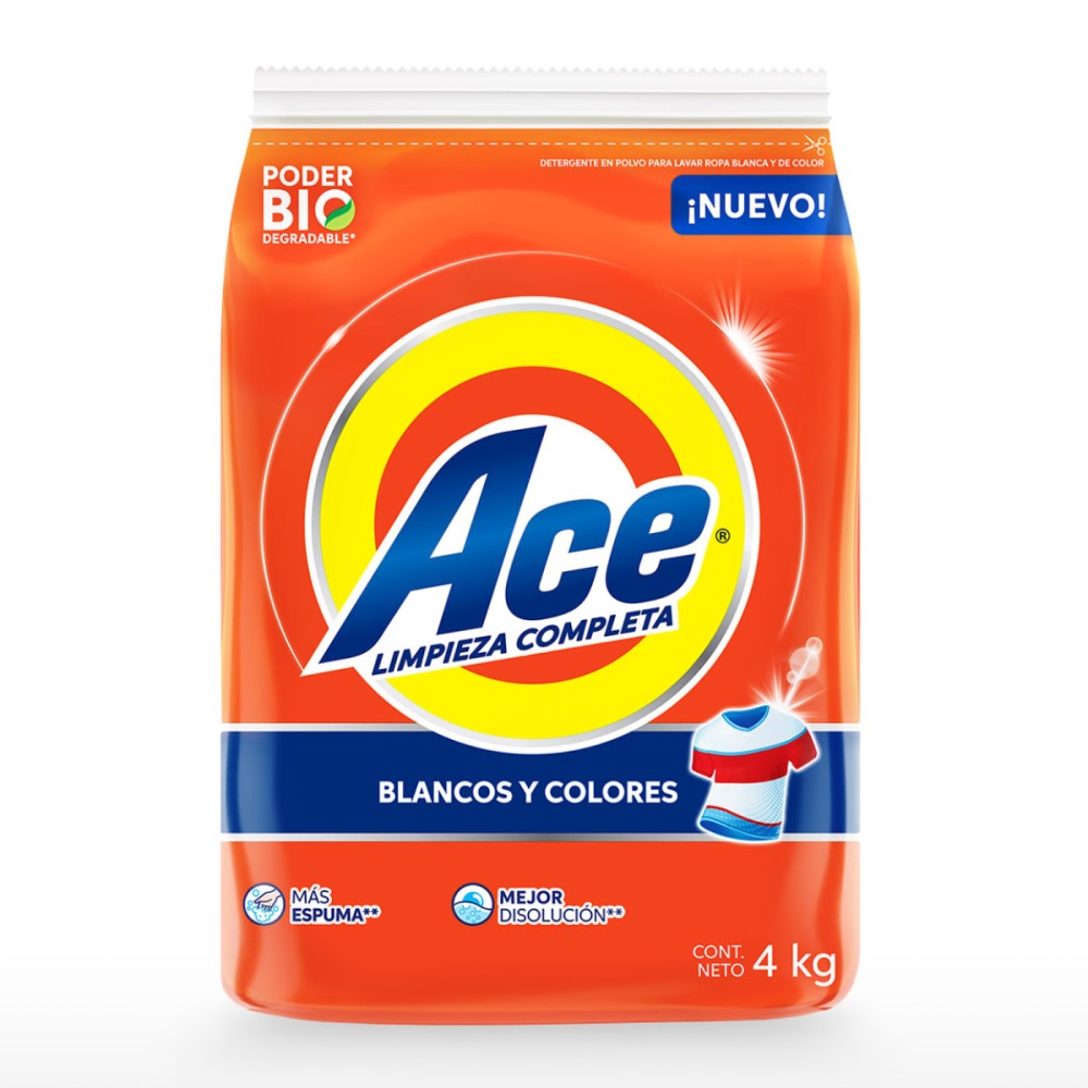 Ace Detergente 4kg Blancos y Colores En Polvo Para Ropa Bio Espuma