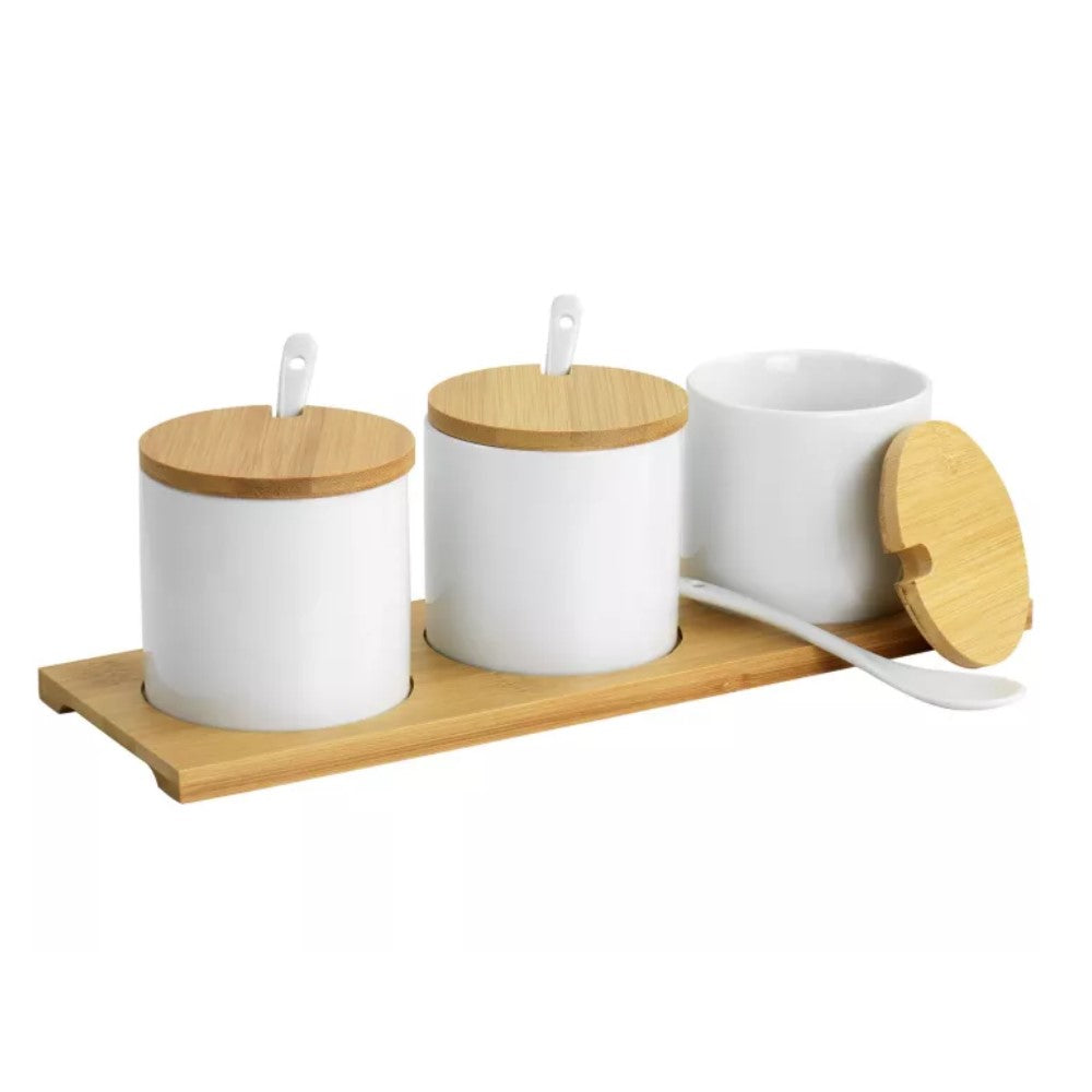 Juego de 3 Tazones Salseros Gibson Elite Con Tapas, cucharas y base de madera