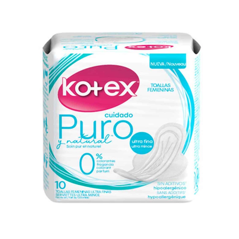 Kotex Toallas Saniatarias Cuidado Puro y Natural Sin Aditivos 10und