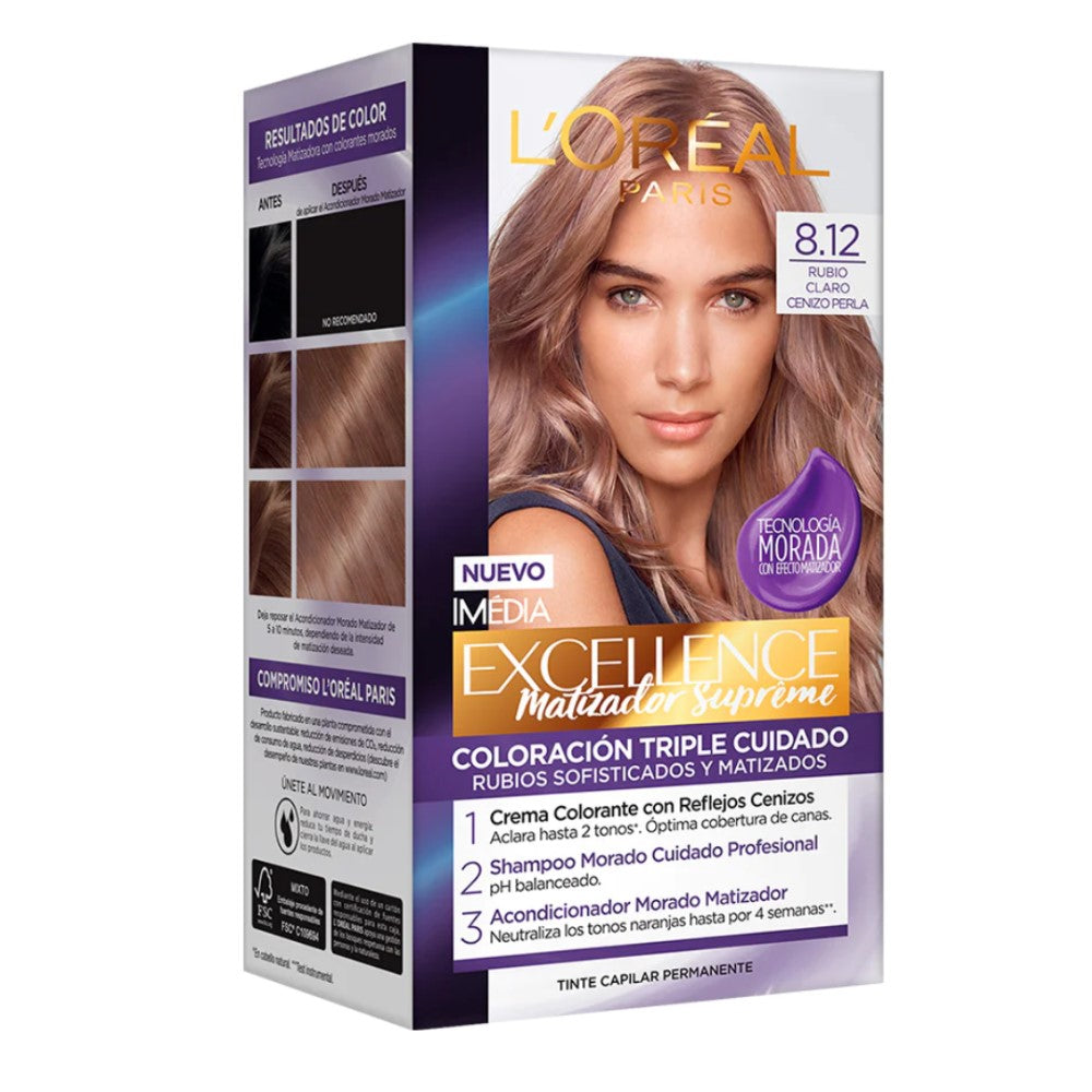 Tinte Para El Cabello L'oreal Excellence Matizador Supreme 8.12 Rubio Claro Cenizo Perla