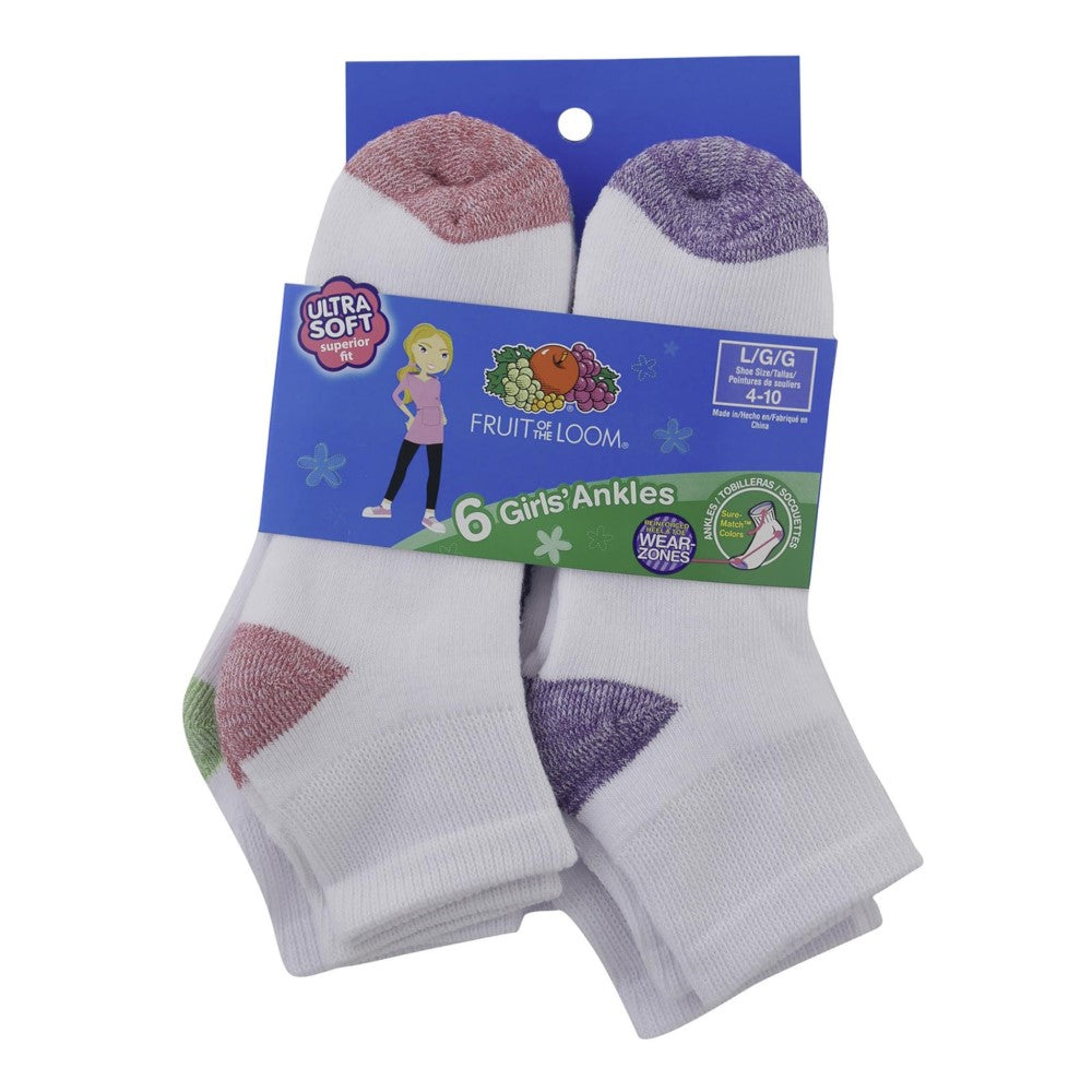 Medias Fruit Of The Loom 6 Unidades Ultra Soft Girlsʼ Ankles L/G/G 4-10 Color Blanco y Morado