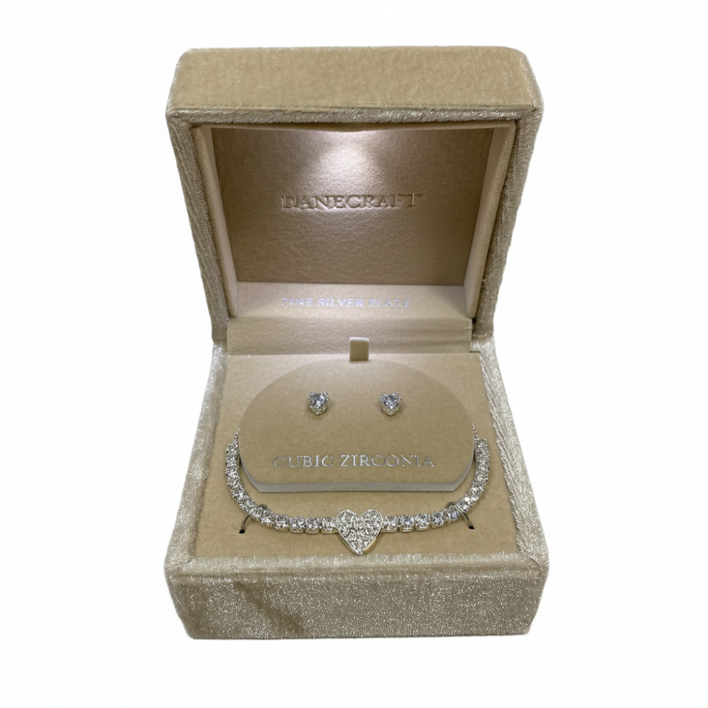 Danecraft Set De Pulsera Y Zarcillos Corazon Cubic Zirconia