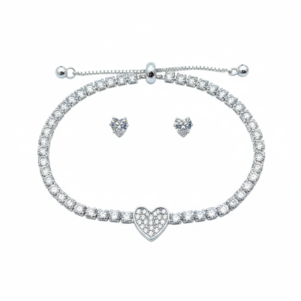 Danecraft Set De Pulsera Y Zarcillos Corazon Cubic Zirconia