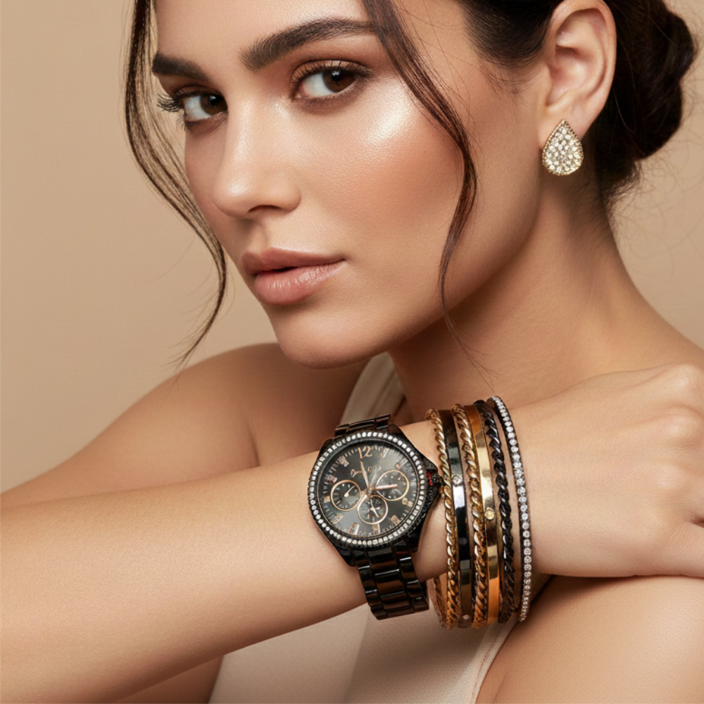 Jessica Carlyle Set De Reloj y Pulseras Black Gold