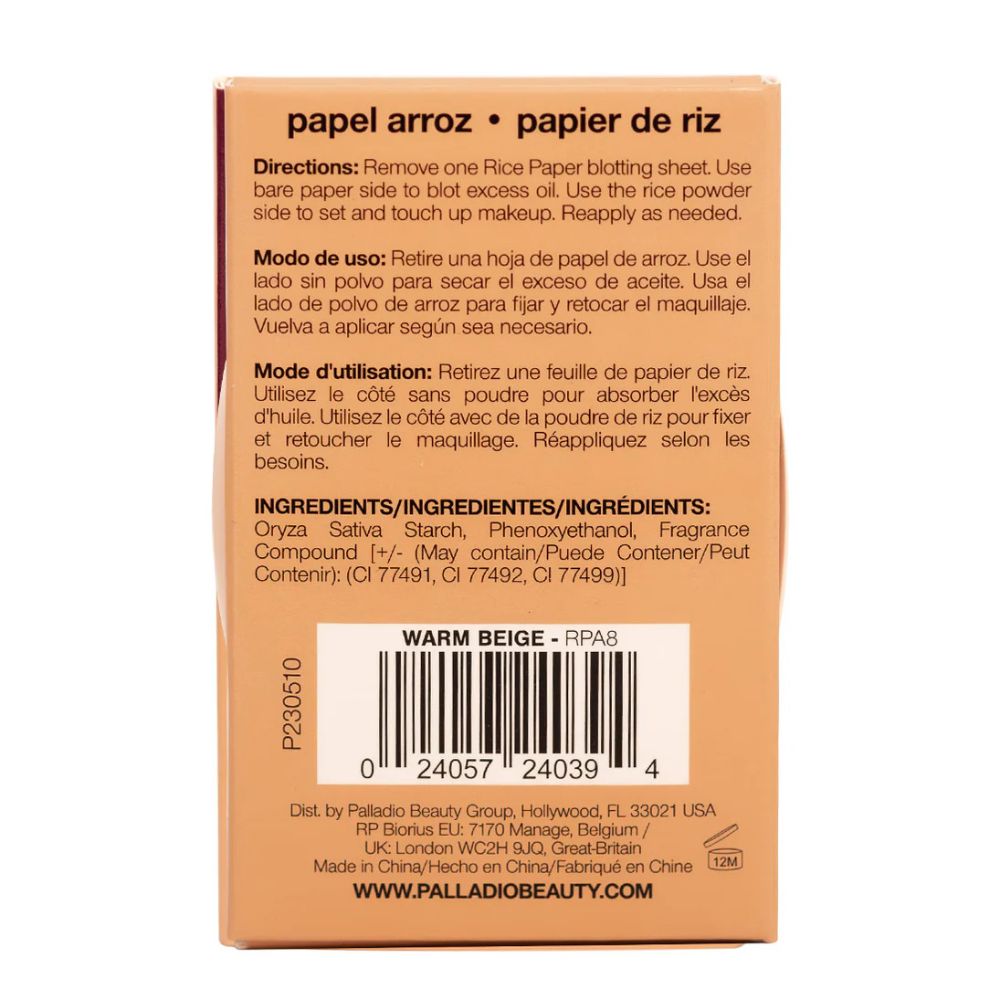 Palladio Rice Paper Oil-Absorbing Blotting Tissues With Rice Powder Warm Beige 10gr 40 Hojas