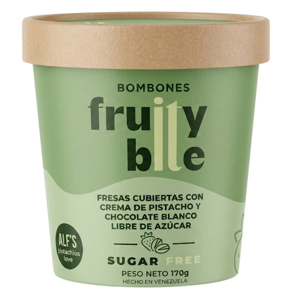 Fruity Bites Fresas Cubiertas con Crema de Pistacho y Chocolate Blanco Sugar Free 170gr