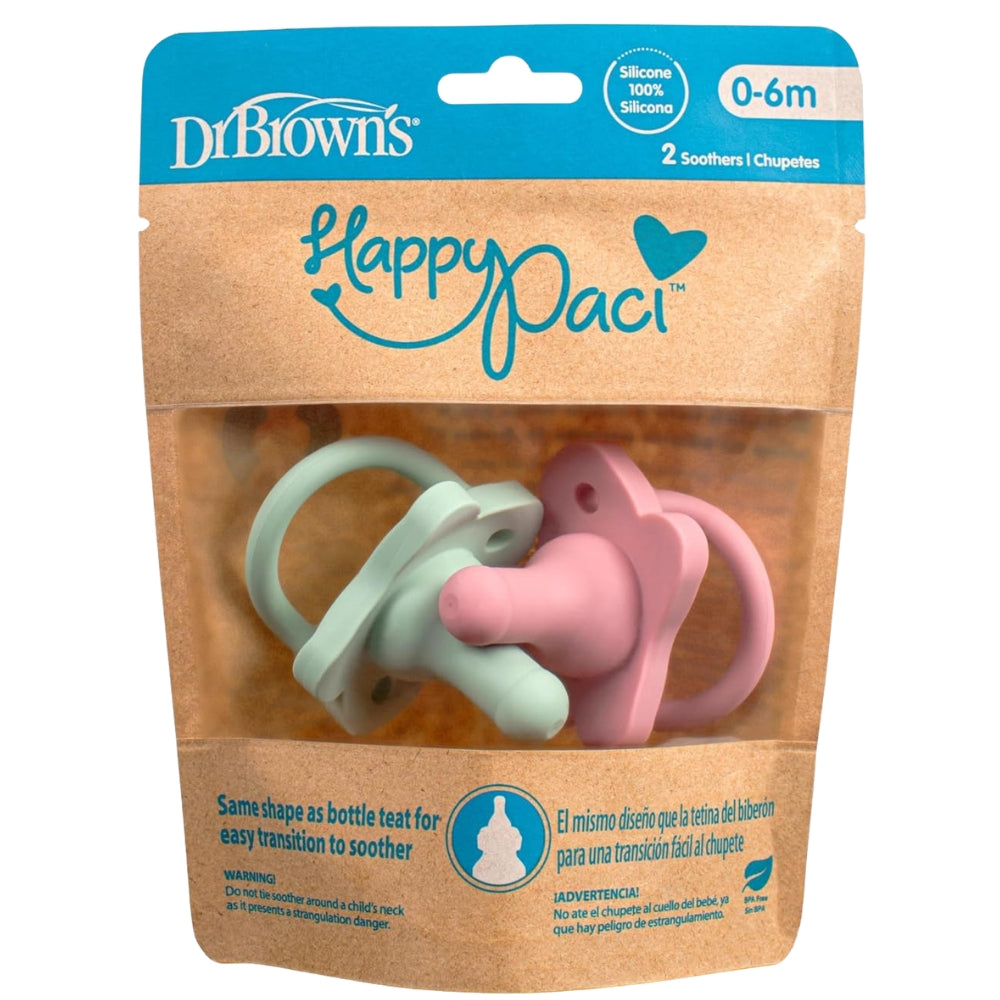 Dr.Brown's Chupón HappyPaci 100% Silicona 0-6m 2 Und sin BPA Diseño Anatómico Rosa y Verde