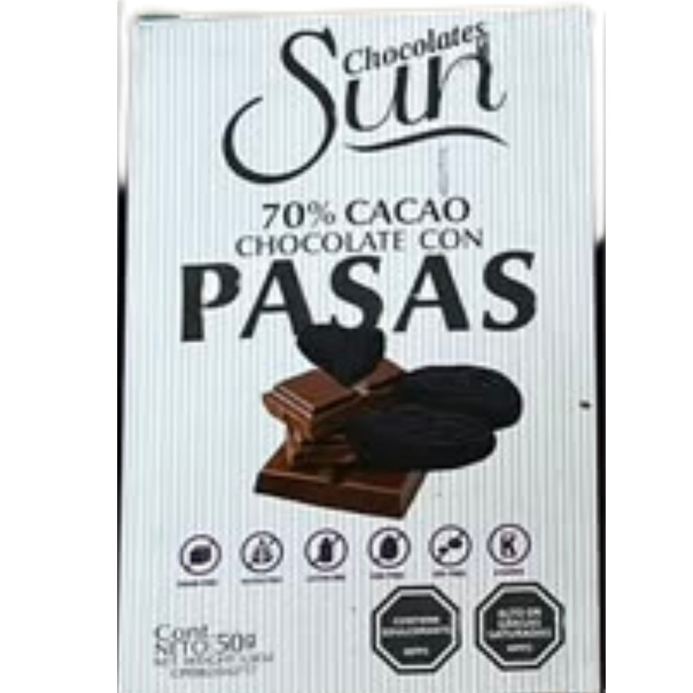 Chocolate Sun Chocolate Venezolano 70% Cacao Pasas Orgánico y Saludable 50gr