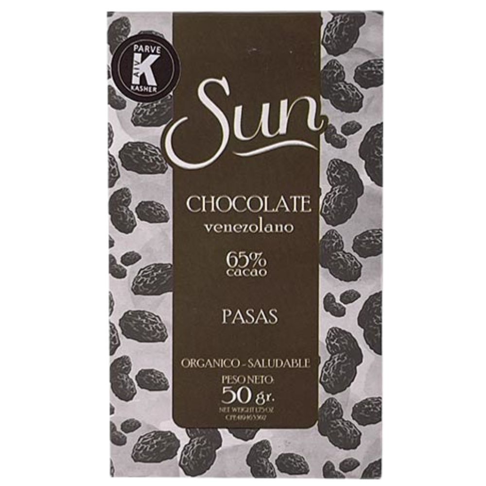 Chocolate Sun Chocolate Venezolano 65% Cacao Pasas Orgánico y Saludable 50gr