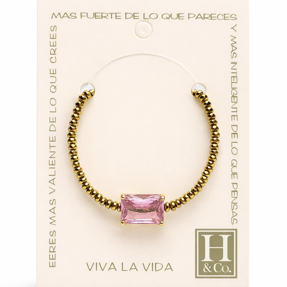 H&Co Pulsera Ajustable Para Damas de Hematita con Dije Pink