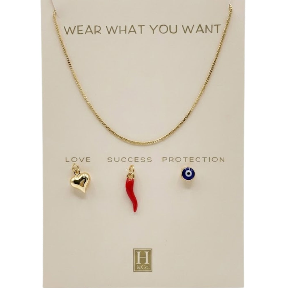 H&Co Juego de Cadena con 3 Dijes Amor, Éxito Y Protección