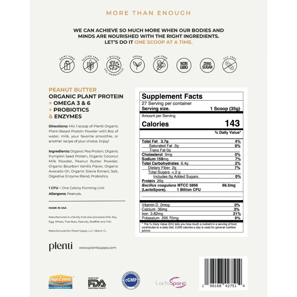 Plenti Proteina Vegetal Organica Sabor a Peanut Butter 27 Porciones