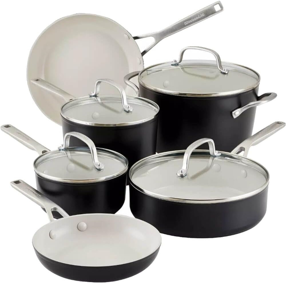 KitchenAid Set De Ollas Y Sartenes Antiadherentes Anodizadas Duras 10Pcs Color Negro Mate
