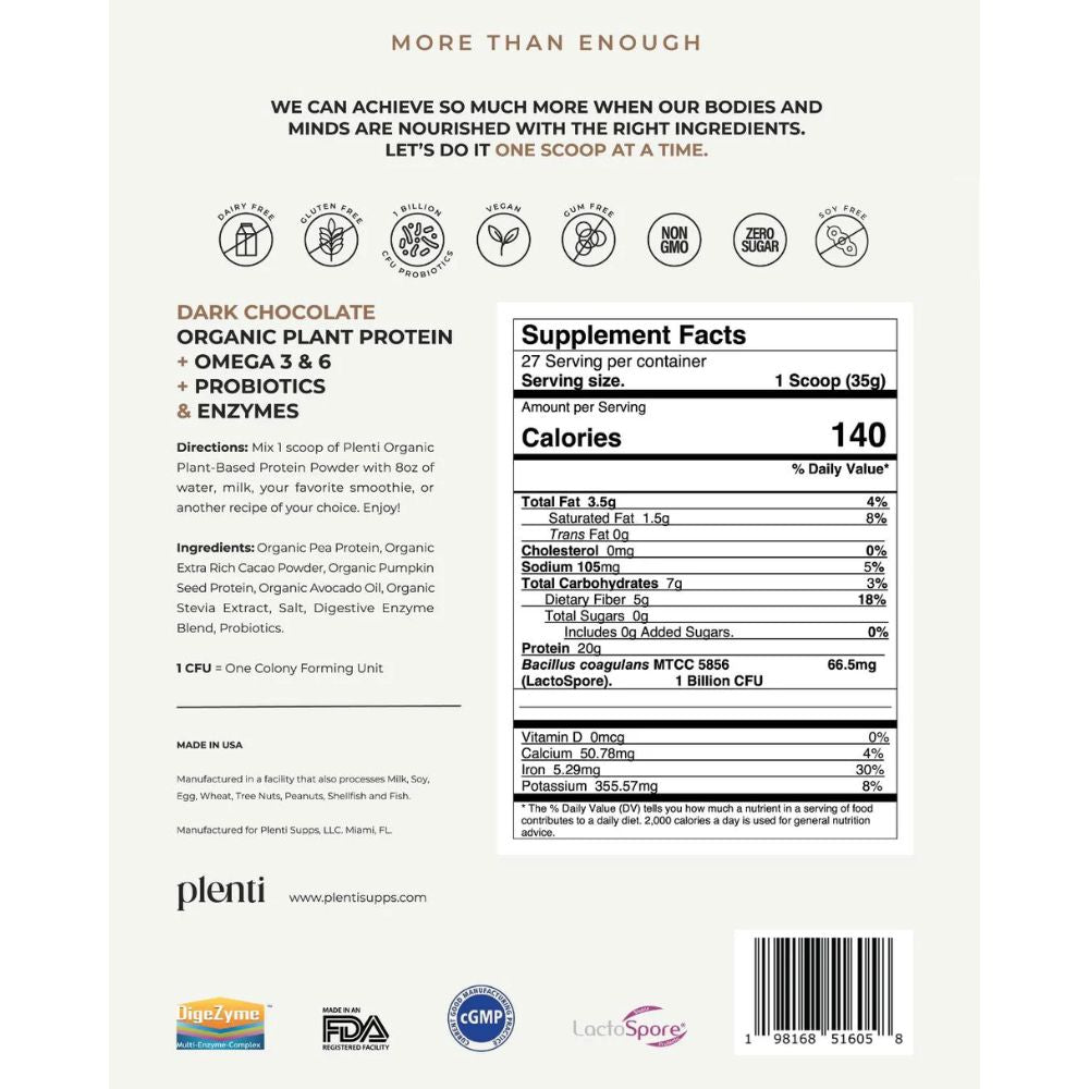 Plenti Proteina Vegetal Organica Sabor a Chocolate Oscuro 27 Porciones