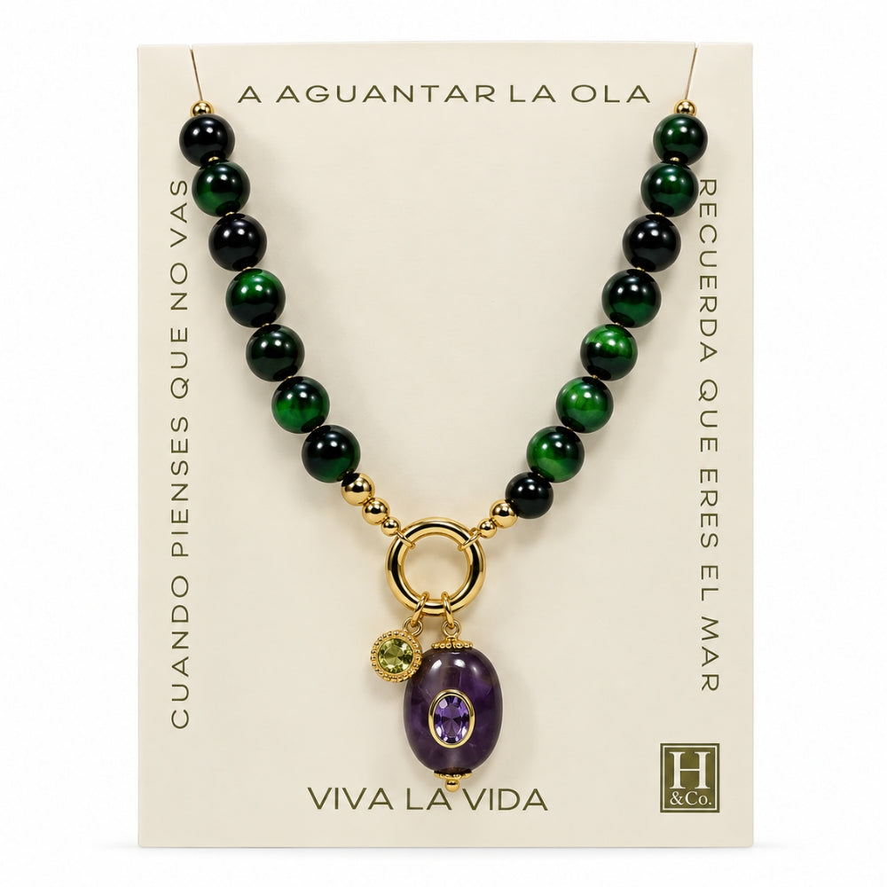 H&Co Collar Ajustable Para Damas Zion Amatista y Jade Verde
