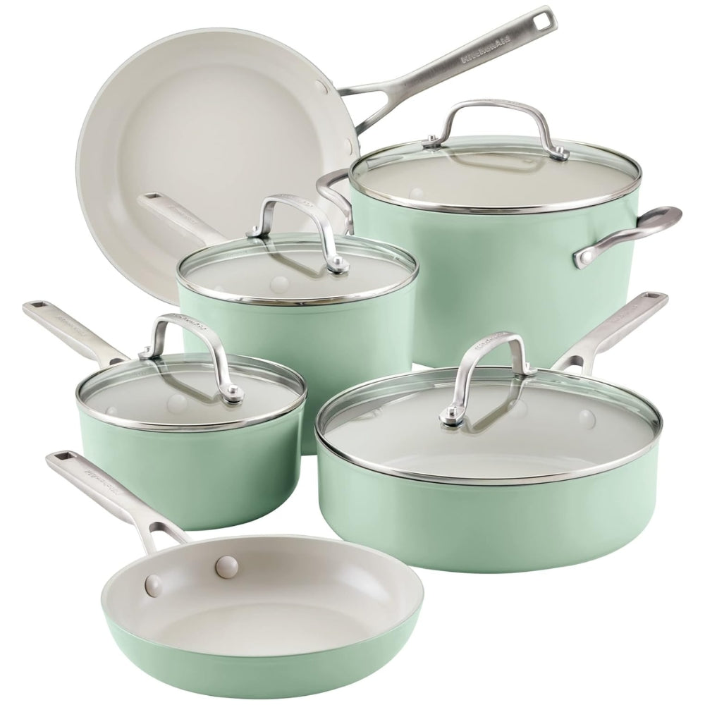 KitchenAid Set De Ollas Y Sartenes Antiadherentes Anodizadas Duras 10Pcs Color Pistacho