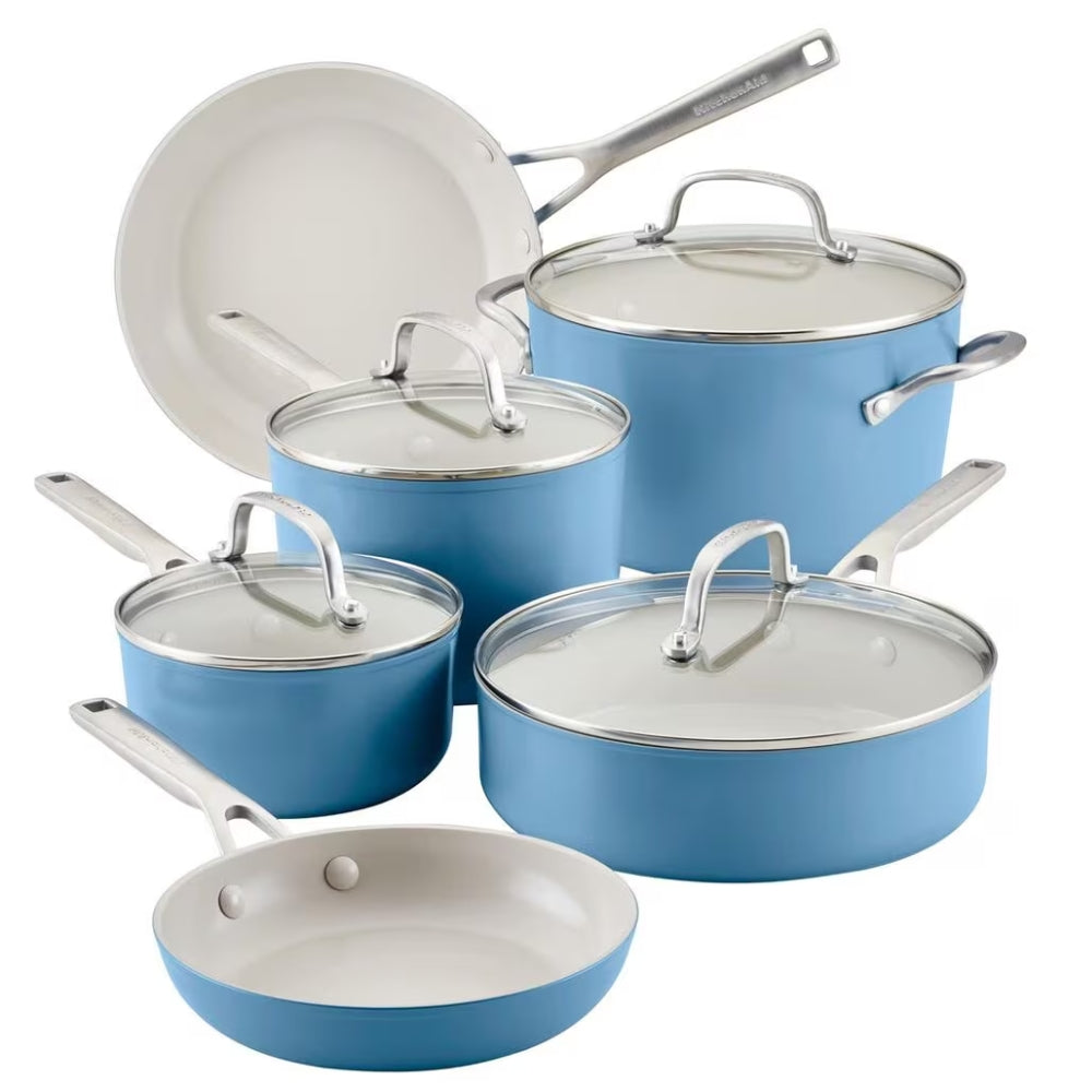 KitchenAid Set De Ollas Y Sartenes Antiadherentes Anodizadas Duras 10Pcs Color Azul