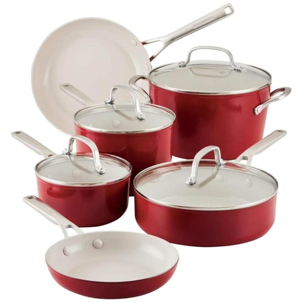KitchenAid Set De Ollas Y Sartenes Antiadherentes Anodizadas Duras 10Pcs Color Rojo