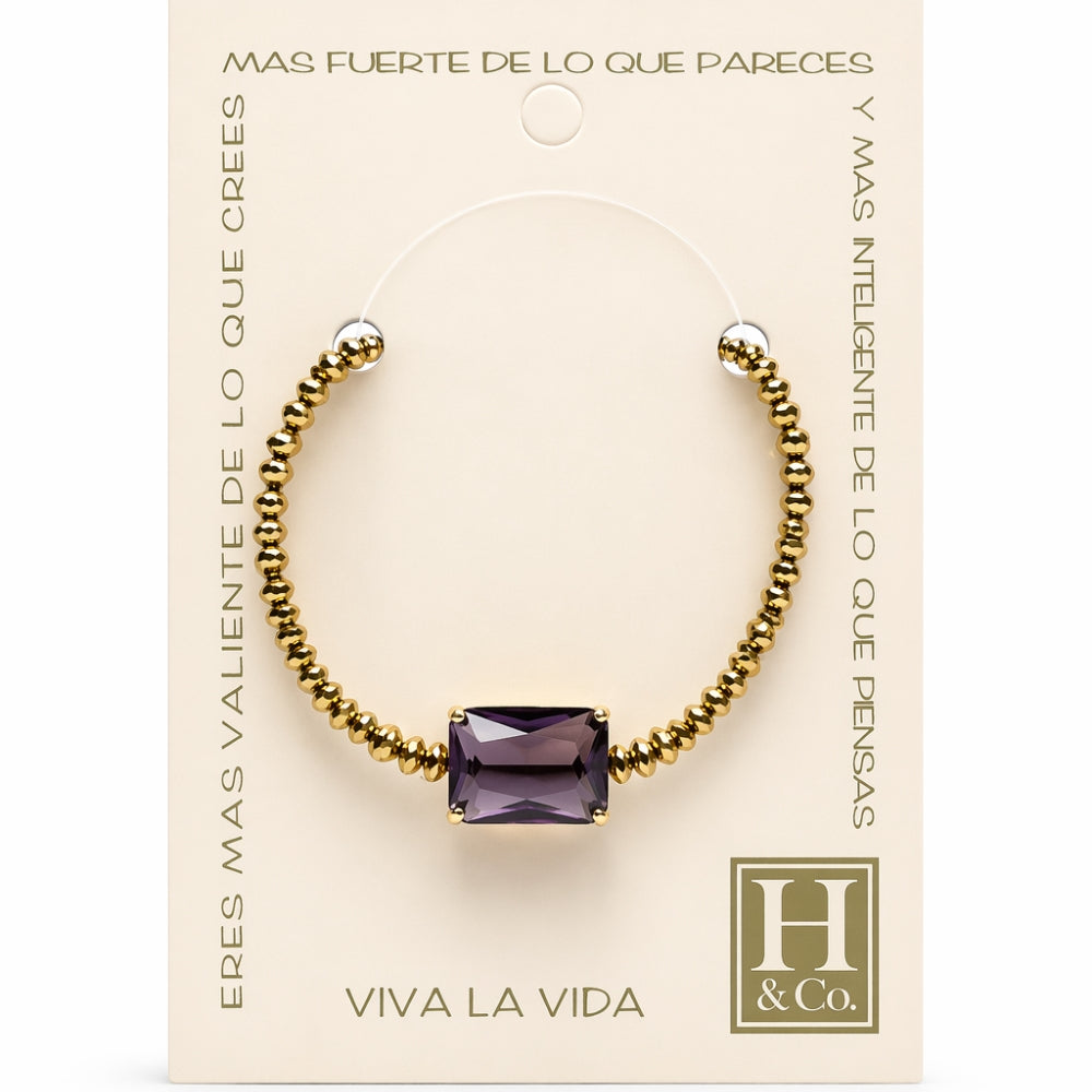 H&Co Pulsera Ajustable Para Damas de Hematita con Dije Purple
