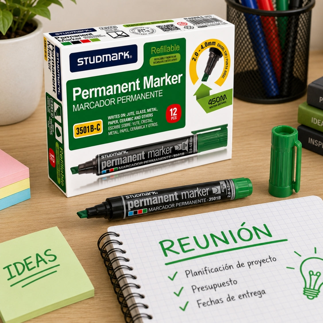 Studmark Marcador Permanente Punta Biselada Color Verde 1 Und