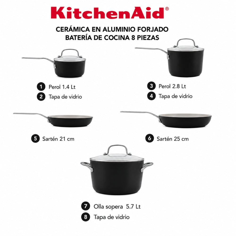 KitchenAid Set De Ollas Y Sartenes De Ceramica Antiadherentes 8Pcs Color Negro