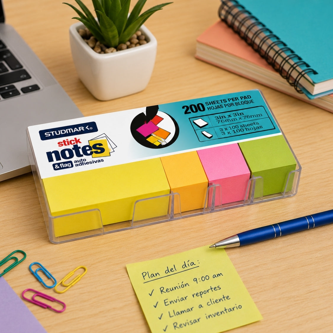 Studmark Notas Adhesivas Neon 7.5 x 7.5 cm + 2.5 x 7.5cm con Base Plastica