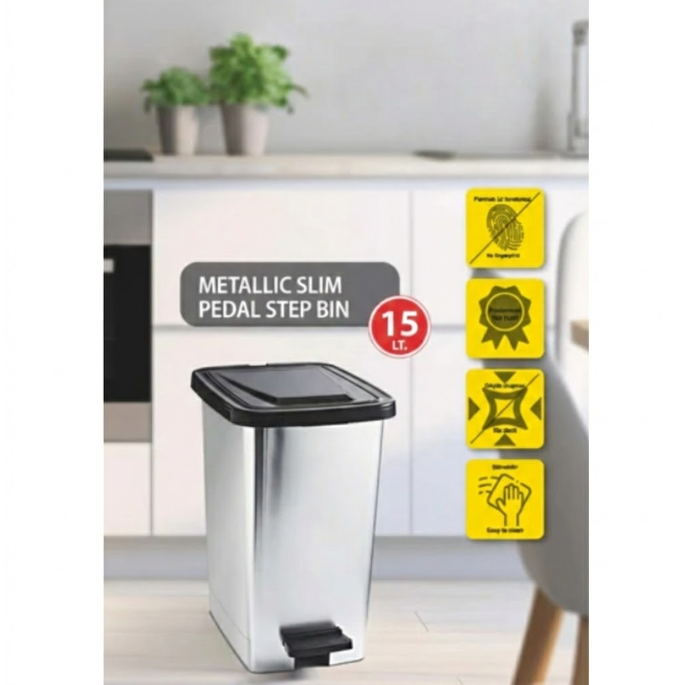 Alfa Hogar Papelera Pedal Bin Plástica Look Metal Slim 15Lt