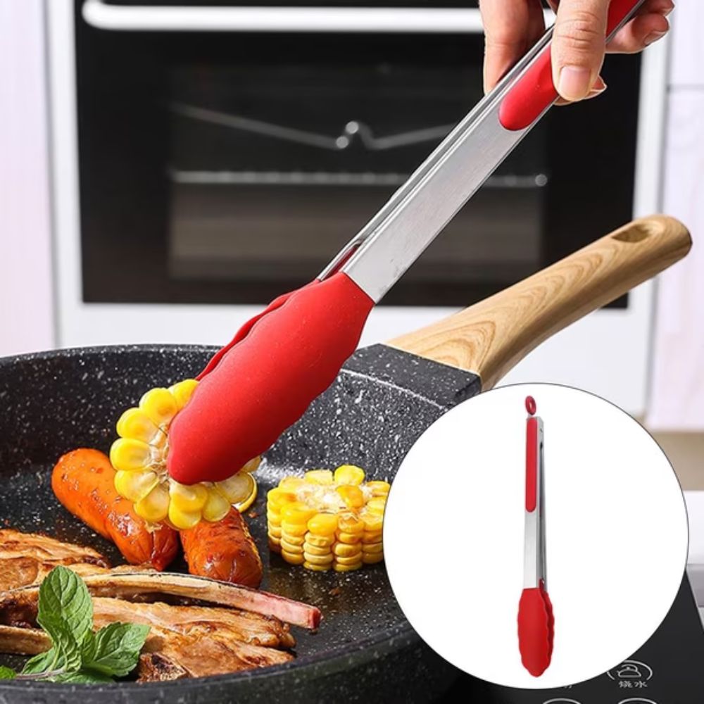Alfa Hogar Pinza Silicona Y Acero Inoxidable 34 cm. Mango Rojo