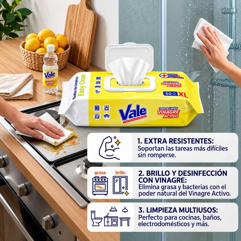 Vale Toallitas Desinfectantes Pure Clean Vinagre Activo 50 unidades