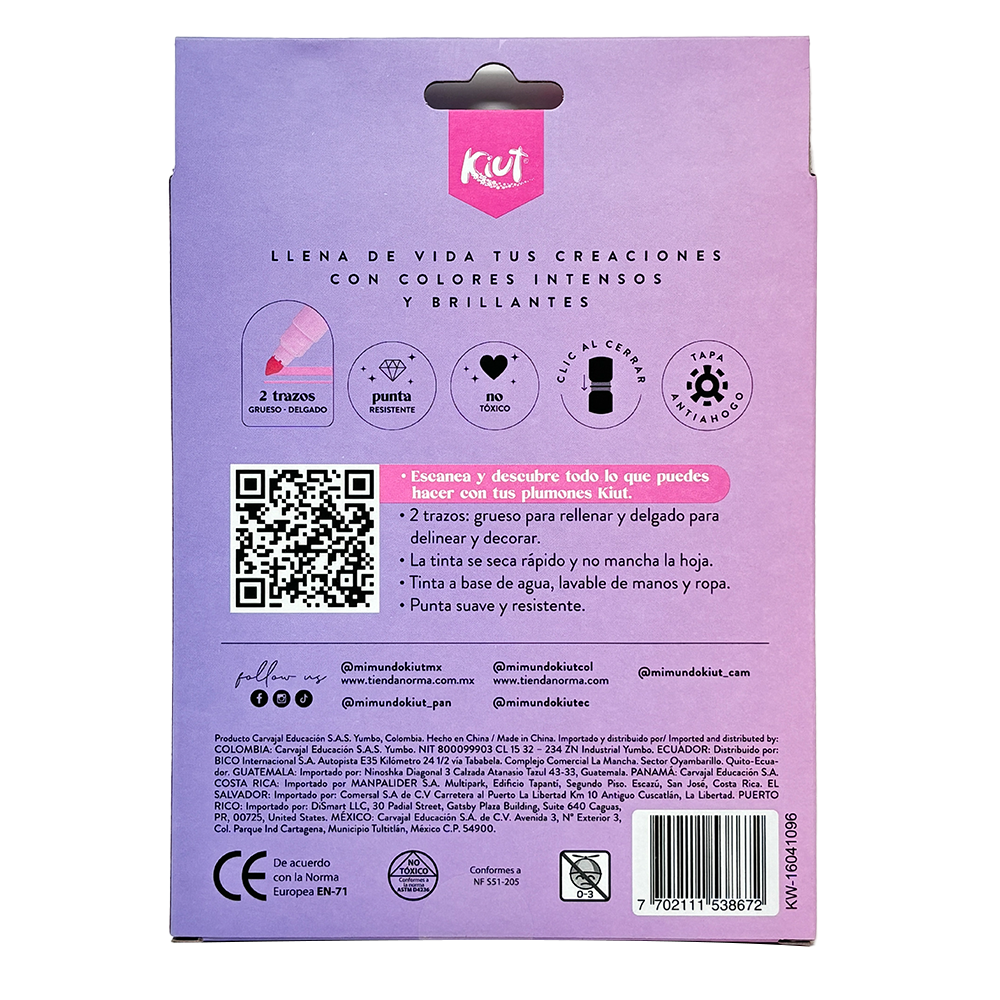 Kiut Marcadores Plumones Lavables 12 Unidades