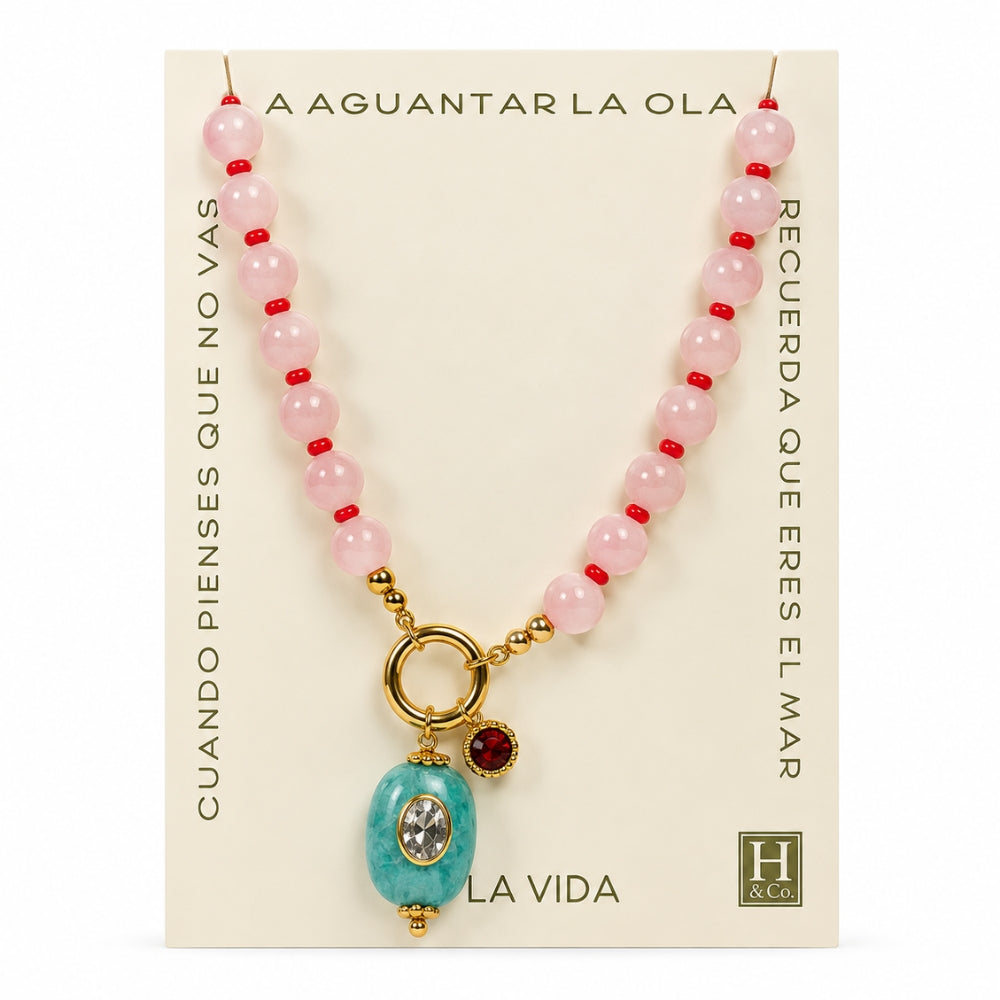 H&Co Collar Ajustable Para Damas Zion Cuarzo Verde y Cuarzo Rosado