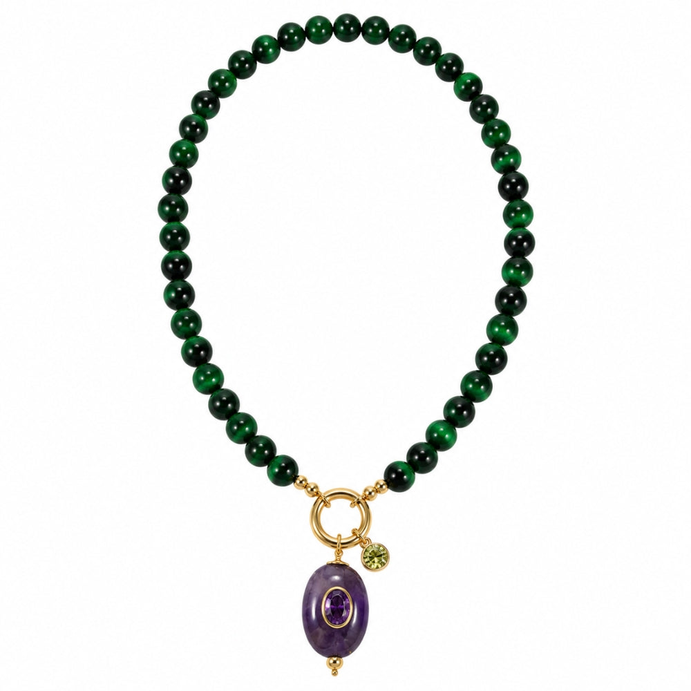 H&Co Collar Ajustable Para Damas Zion Amatista y Jade Verde
