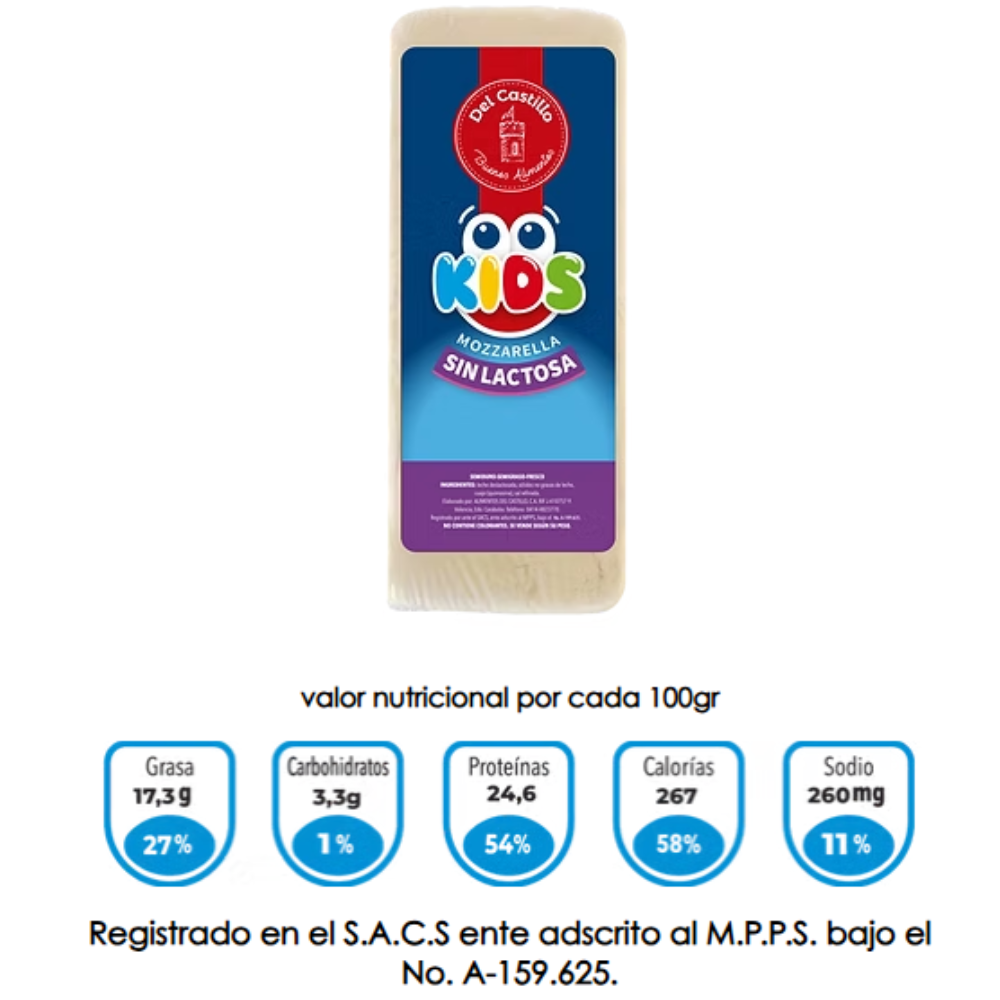 Queso Mozzarella Kids Sin lactosa Rebanado Del Castillo 2 Opciones