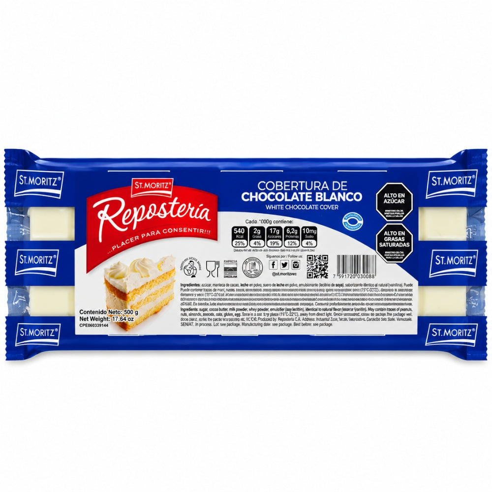 St. Moritz Reposteria Tableta de Cobertura con Sabor a Chocolate Blanco 500gr