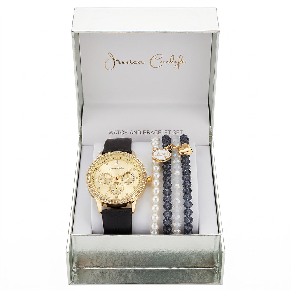 Jessica Carlyle Set De Reloj y Pulseras Gold Correa De Cuero Black
